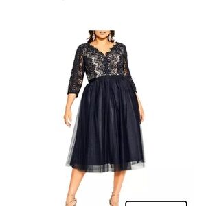 Elegant Dark Navy Lace & Tulle Midi Dress